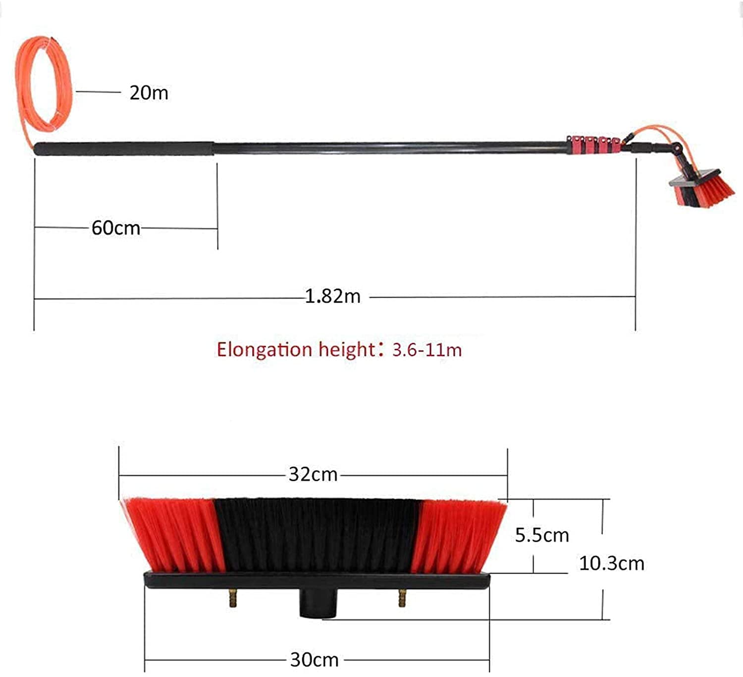 Cepillo pértiga con Suministro de Agua, Extensible de 10,8 m (36 pies), Kit de Limpieza de Ventanas y Paneles solares con Cabezal de Cepillo de 50 cm para Uso en Exteriores.