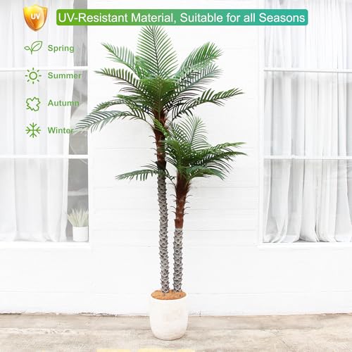Image of Nafresh 8ft Tall UV Resistant Faux Palm Tree, 96in Artificial Palm Tree Indoor Outdoor, Fake Tree with Real Bark and Realistic Leaves and for Home House Office Living Room Yard Patio.