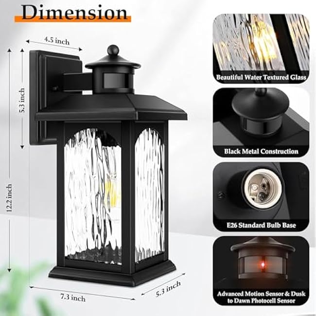 2 Packs Motion Sensor Outdoor Wall Lantern, Dusk to Dawn Outdoor Lighting, Black Porch Lights Fixture & Outside Wall Mount with Rippled Glass, Exterior Sconce Light for Front Patio Garage Entryway