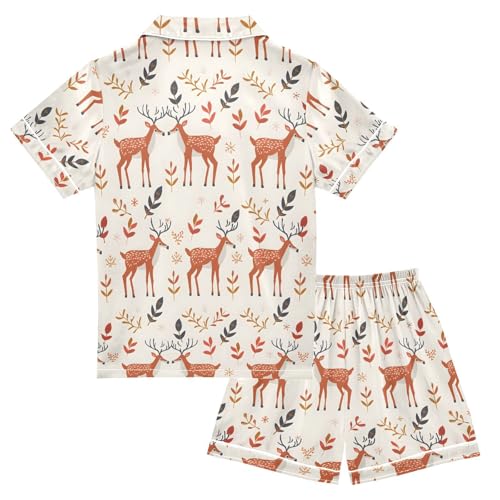 ALAZA Deer Leaf Tree Animal Satin Pajamas Set Short Sleeve Button Down Sleepwear Summer Pjs 2 Piece2