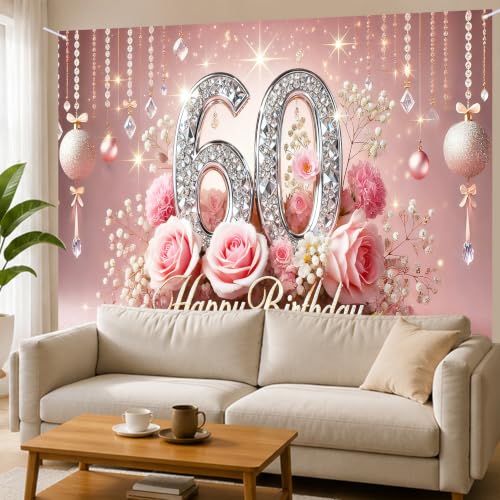 Image of Nuxovilar 60th Birthday Banner - Elegant Pink & Gold Floral Backdrop