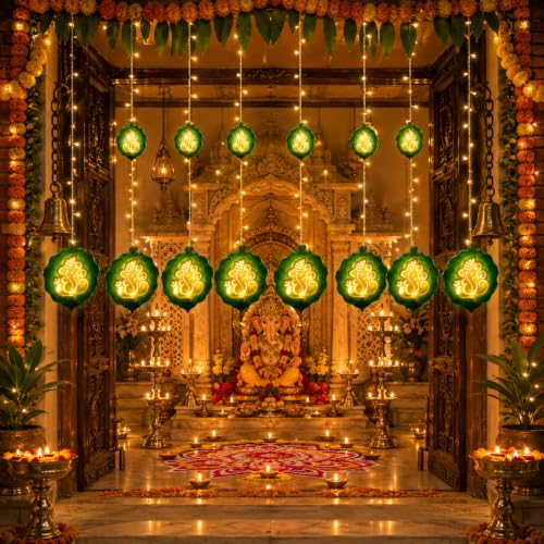 Image of fizzytech Leaf Ganesh Curtain LED String Lights with 8 Lighting Modes for Pooja Room, Diwali, Festival & Home Decoration