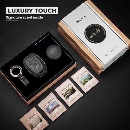Image of Keyzone Premium Leather Key Cover & AC Vent Car Perfume Combo (4 Fragrances) | Compatible for MG Gloster 3 Button Smart Key. (Black)