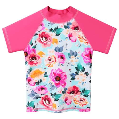 Image of BAOHULU Girls Rash Guard Swimsuit Two Piece Bathing Suit UPF 50+ Short Sleeve Summer Beach Swimwear Size 3-14 Years