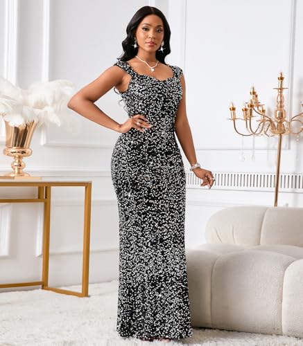 Image of dasmzper Women's Sequin Evening Gown - Elegant Sleeveless V Neck Mermaid Formal Maxi Dress for Wedding, Prom or Party