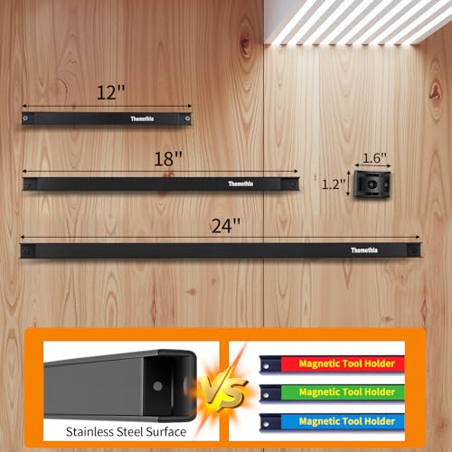 18-Magnetic-Tool-Holder-Strip-4-Pieces-Black-Metal-Tool-Organizer-Rack-with-Stainless-Steel-Surface-Magnet-Bar-for-Garage-Workshop-Easy-To-Install-with-Mounting-Screws