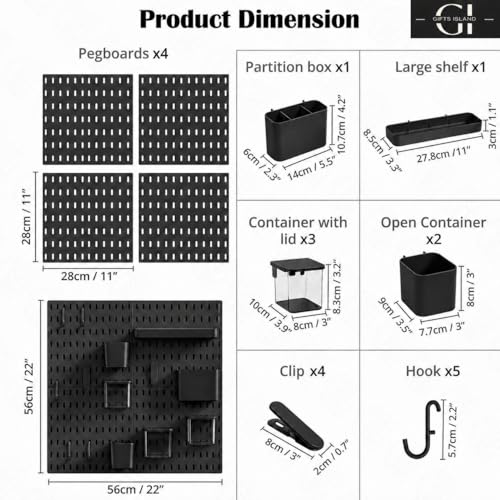 Image of Gifts Island Pegboard Wall Organiser Set with 4 Boards, 16 Accessories & Self-Adhesive Stickers, Customisable Storage System for Office, Kitchen, Pegboard Wall Hanging (20, Black)