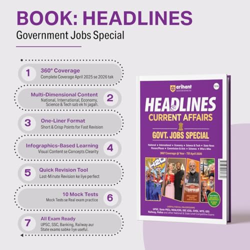 Image of Arihant Headlines Current Affairs 2026 | Govt. Jobs Special - 360 Coverage April 2025-April 2026 | UPSC, State PCS, SSC, NDA /CDS, Railway & Police ... Oneliners & Infographic with 10 Mock Tests