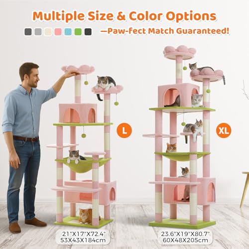 Image of PAWZ Road Flower Cat Tree, 72 Inches Large Cat Tower with Steel Frame Hammock and 7 Scratching Posts, Tall Cat Tree with 2 Condos and Perches for Large Indoor Cats - Pink