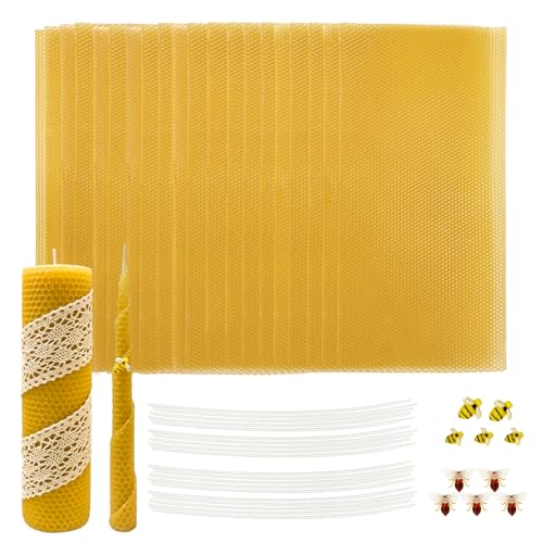 Lacaser Beeswax Sheets for Candle Making Kit 20 Pcs 8x16 Pure Bees Wax Made Sheets Equals to 40pcs 8x8 Beeswax Sheets Include Bee Ornaments Cotton Candle Wicks for Bulk Candle Making