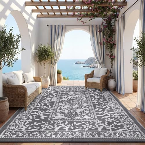 Garvee Outdoor Rug 10x20 Waterproof Reversible Foldable Plastic Straw Rug Botanical cottagecore Large Outdoor Rugs Patio Camping RV Carpet for Deck Camper Porch Balcony Backyard Picnic Beach Grey