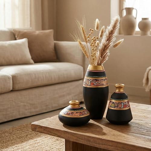 Image of Aakriti Art Creations Vase Earthen Black Madhubani Set of 3 | Handmade Terracotta Flower Vases | Matte Finish Madhubani Art Decorative Vases for Living Room, Table Decor & Gifting