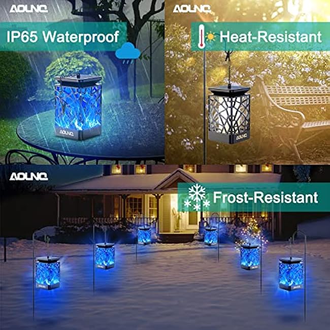 Solar Lanterns Outdoor Waterproof, Upgraded 99 LEDs Hanging Solar Lights for Outside with Auto On/Off & Metal Clip, Blue Flickering Flame Outdoor Lanterns Decorative for Garden Yard, 2 Pack