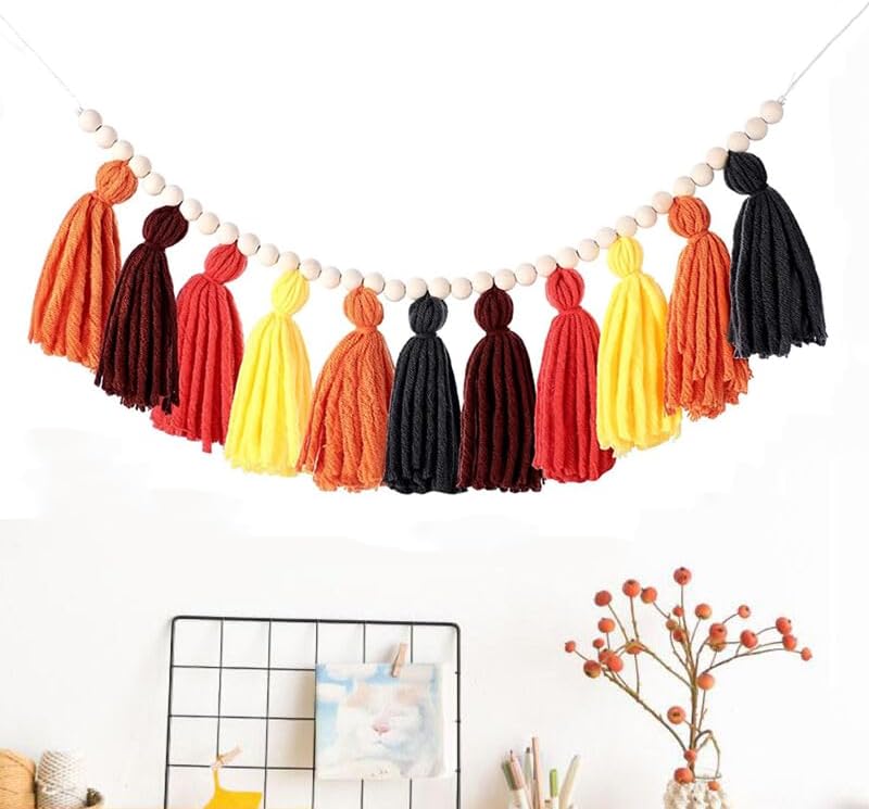 Miniatura 4 de BetterJonny Decoración bohemia para colgar en la pared, pancarta de borla pastel con cuentas de madera y 2 guirnaldas de bolas de fieltro con Estilo