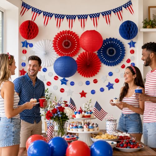 Image of 16PCS 4th of July Patriotic Decorations Set - Red White Blue Party Supplies with Paper Fans, Balloons, USA Flag Pennant - Memorial Day, Veterans Day, Election & Independence Day Party Decor
