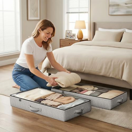 2-Pack-Under-Bed-Storage-Containers-45-Inches-Tall-Clothes-Storage-Grey-Low-Profile-Collapsible-Underbed-Organizer-Bin-with-Sturdy-SidewallsBottom-Cotton-linen-For-Seasonal-Clothes-Bedding