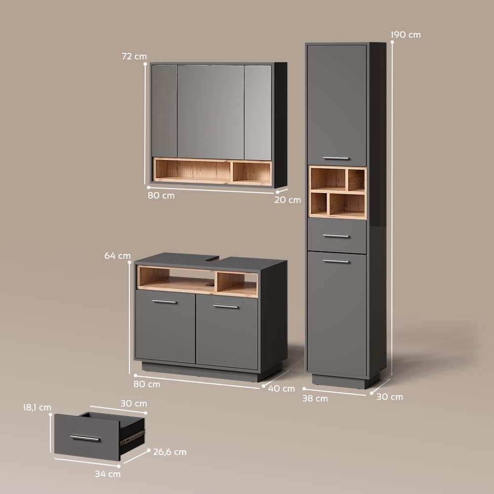 Livinity Badmöbel-Set Temo, Anthrazit, 3 Teile, mit Hochschrank