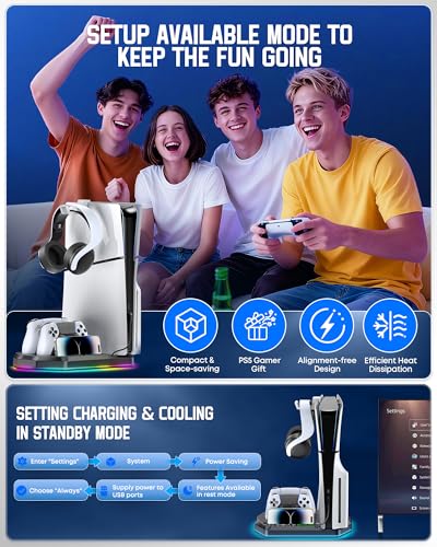 Image of Cooling Station with Controller Charger for PS5 /Slim /Pro, PlayStation 5 Vertical Stand for Disc & Digital Console, Dual PS 5 Controller Charging Station with 3 Level Cooling Fan, PS5 Accessory - Black