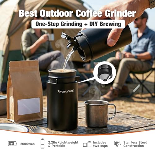 Image of 2-in-1 Portable Electric Burr Coffee Grinder - Grind & Brew, 38 Adjustable Settings, Ceramic Alloy Burrs, Rechargeable, with Cups, Filter & Lid for Home, Travel & Camping