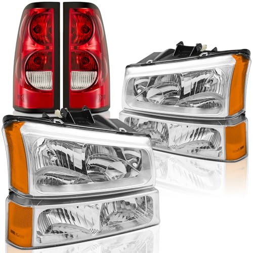 Headlights and Taillights Assembly Combo Kit for 2003-2006 Chevy Silverado 1500 2500 3500 & 2007 Chevy Silverado Classic Replacement Head/OE Factory Style Red Rear Brake Tail Lights Lamps,Chrome Amber