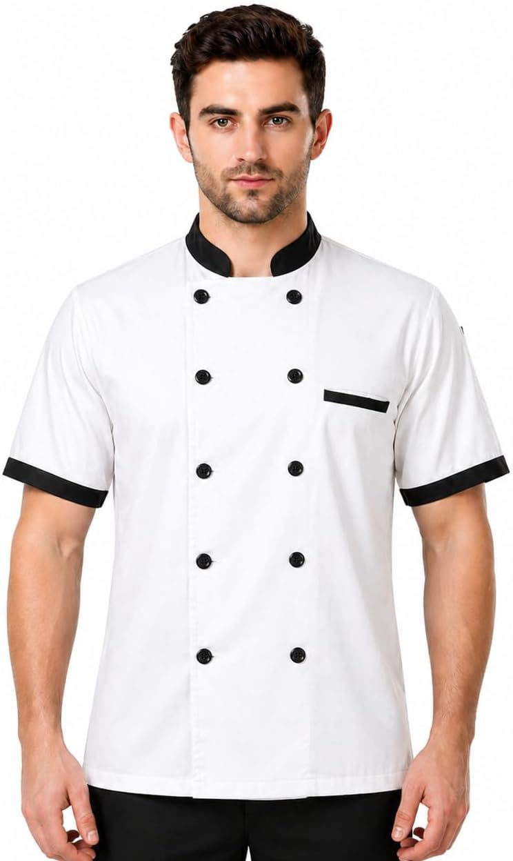 KODENIPR CLUB White Chef Coat Black Collar- Half Sleeves for Men & Women | Poly Cotton Chef Jacket | Double Breasted Kitchen Uniform with Thermometer Sleeve Pocket | Size