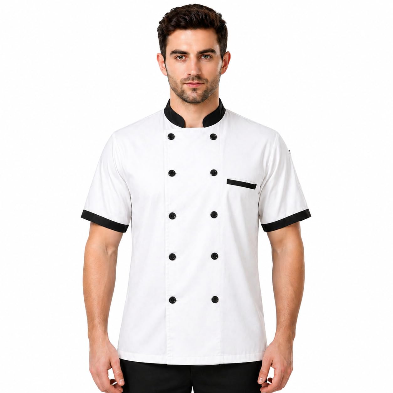 KODENIPR CLUB Mens Womens Double Breasted White Chef Coat Black Contrast, Half Sleeves, Poly/Cotton, Size (Large(40))-image-12