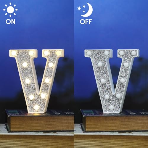 Image of LED Marquee Light Up Letters, 26 Alphabet Lighted Letter and 10 Number, Battery Powered Night Light for Room Decor, Home Birthday Wedding Bar Party Decoration, Shiny Silver Diamond (Letter V)