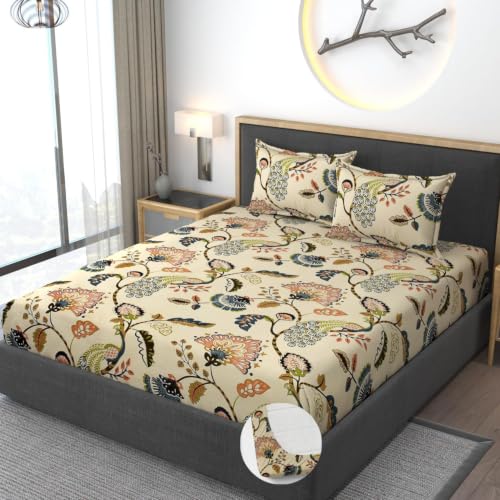 Image of Vram Premium Heavy Cotton Elastic Fitted Bedsheets with 2 King Size Pillow Covers | Diwan Bed with All Around Elastic 350 TC | 48 x 78 x 8 Inch Diwan Size Fitted | :- Jaipuri Peacock