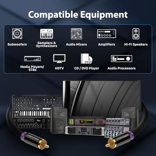 Image of FosPower 35FT RCA Subwoofer Audio Cable S /PDIF 24K Gold Plated Male to Male | Heavy-duty RCA to RCA subwoofer cable featuring 24K gold-plated connectors, dual shielding & corrosion resistance.