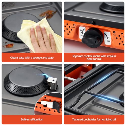 Odoland Portable 2 Burner Camping Stove Propane 17000 BTU/h Gas Stove Collapsible Backpacking Stove for Indoor Outdoor Cooking Hiking and Picnic - image 3