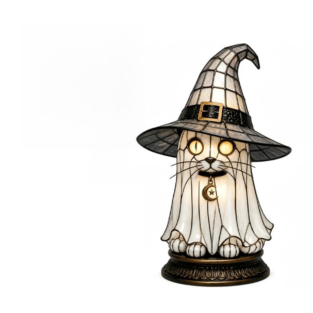 Vintage Gothic Black Cat Witch Hat Lamp Tiffany Stained Glass Halloween Tab