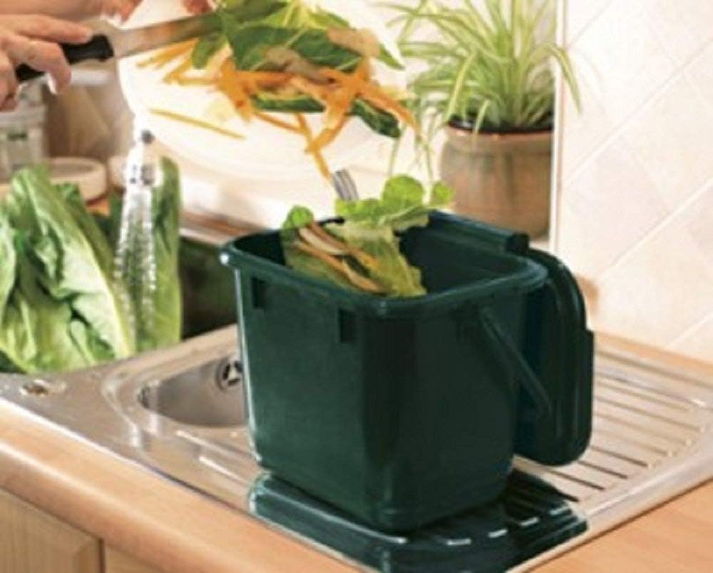 Buttacup® 7 Litre Premium Quality Kitchen Caddy Food Waste Bin / Indoor Compost Material Food Collection Bin - Dark Green Tough Outer Plastic with Locking Black Carry Handle – Odour-Free Design