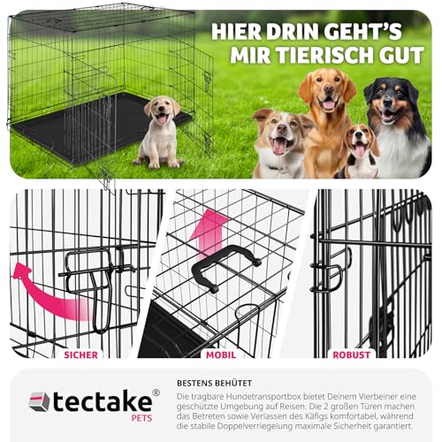 tectake® Hundekäfig, Hundegitter Box, Dog Kennel, Hundebox faltbar, Transportbox stabil, für Hunde und Welpen, für Kofferraum, Auto, Camping und Zuhause, Wohnung - 108 x 71 x 76 cm