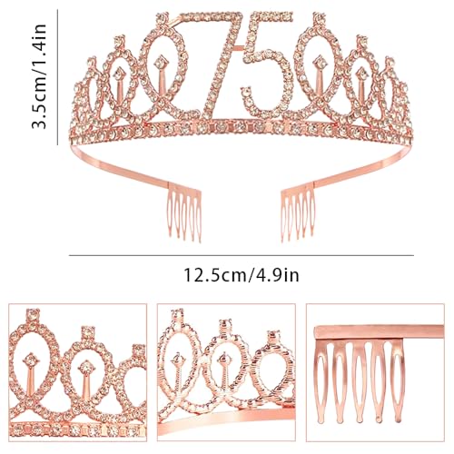 Roségold 75th Geburtstags Krone und Schärpe Mädchen 75. Geburtstag Deko Strass Geburtstag Tiara Prinzessin Krone Queen Tiara Geburtstagsschärpe Girls 75 Geburtstag Dekoration Party Kleidung Zubehör