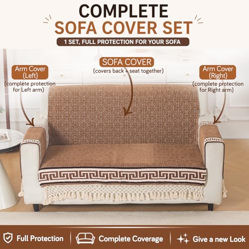 Image of HOKIPO 'Imperial Tassel Series' Thick & Soft Chenille Jacquard Sofa Cover 2 Seater Set for Seat, Back & Arms with Tassels, Russet Brown (IN-1010 + IN-1012-I1*2)