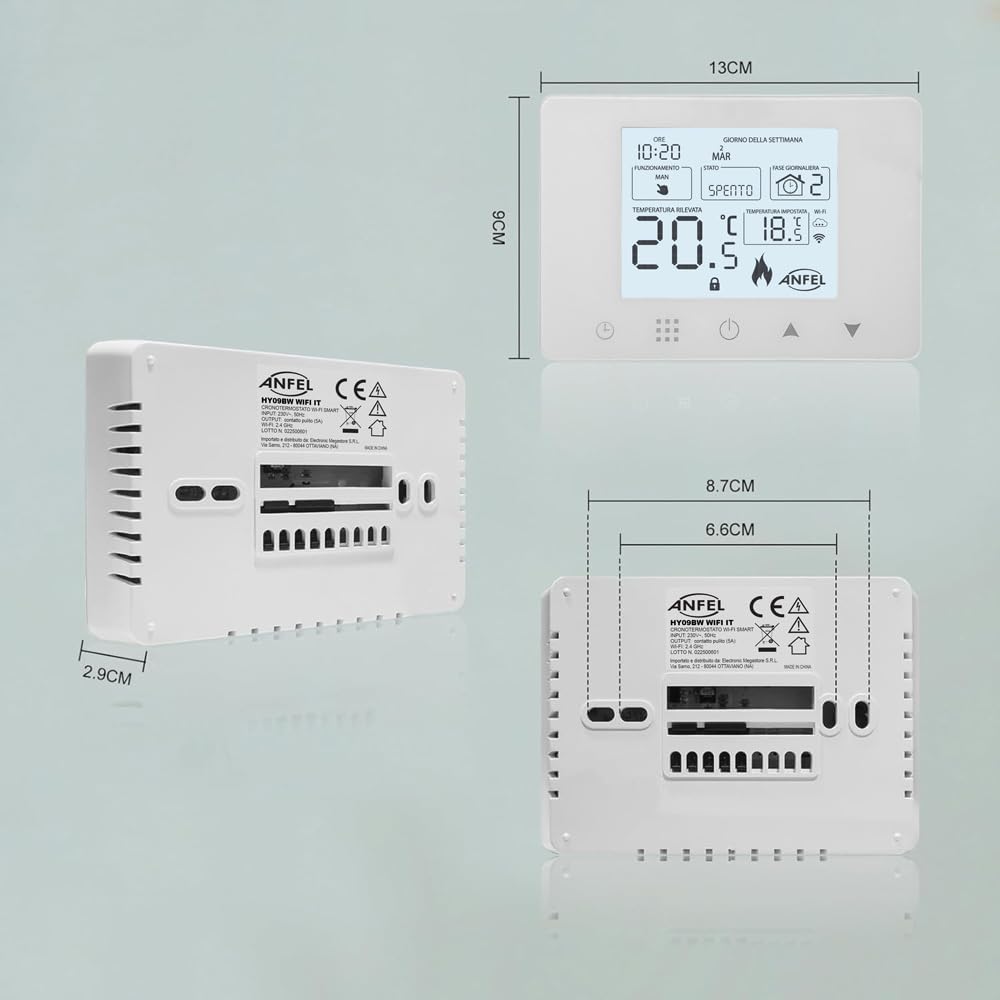 CRONOTERMOSTATO WIFI PROGRAMMABILE SMARTPHONE APP ALEXA TERMOSTATO CALDAIA DA PARETE O BOX 503 DISPLAY IN ITALIANO ALIMENTAZIONE 90-240 Vac DOPPIA FUNZIONE RISCALDAMENTO/CONDIZIONAMENTO