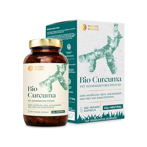 Nature Basics® BIO Curcuma Kapseln mit schwarzem Pfeffer | zertifiziert & nachhaltig im Glas | BIO Kurkuma Kapseln 4575mg / 228mg Curcumin & 15mg Piperin | vegan, laborgeprüft, aus DE & CO2-neutral