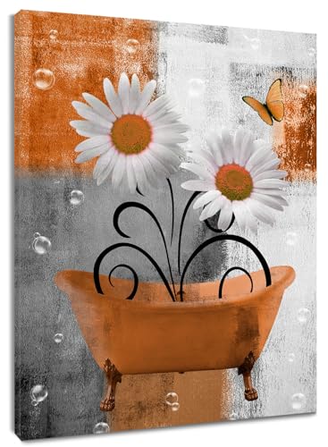 HVEST Farmhouse Orange Floral Wall Art for Living Room Daisy Flower in Bathtub and Butterfly Pictures Wall Decor Grey and White Abstract Geometric Canvas Wall Art for Bathroom Decor,16L X 12W inches