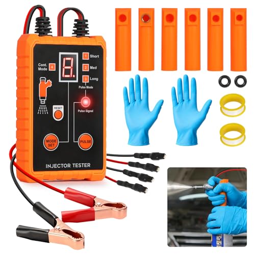 Autory Fuel Injector Tester Cleaner Tool Kit 4 Pulse Modes 6 Sizes Cleaning Adapters Injector Tester Simultaneous Testing of 2 injectors Injector Tester kit 12V Output Power for Automotive Motorcycle