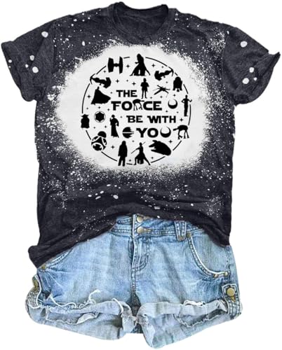Image of FRYAID Women May The Power Be with You Graphic T Shirt Short Sleeve Casual Tops Summer Fun Vacation Shirt Soft Casual Fit