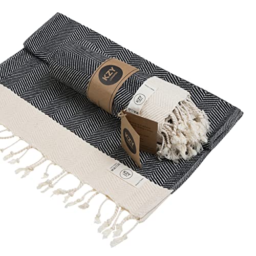 KZY LONDON Turkish Hand Towel (Set of 2) for Kitchen and Bathroom - 100% Cotton Prewashed Decorative Peshtemal for Face, Hand, Hair, Yoga, Dishcloth, Tea Towel (Black)