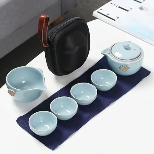如意陶磁器エクスプレスカップ旅行茶器セットカンフー茶器家庭用オフィス手づかみポット茶器シンプル携帯アウトドア旅行車載カンフー茶器セット (ポット 200ml*1 + カップ 40ml*4 + 茶海*1, 浅青)