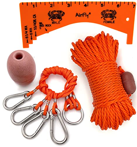 AirFly Crab Trap Rope Line with Buoy Float + 4 Arm Harness + Gauge Measure for Dungeness, Rock, Blue Crab