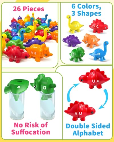Image of BeFunky 26PCS Dinosaur Alphabet Learning Toys for Toddlers Kids, Montessori Educational Toys Gifts for 3 4 5 Year Old Boy Girl, Preschool Toddler Travel Activities, Double Sided ABC Matching Game
