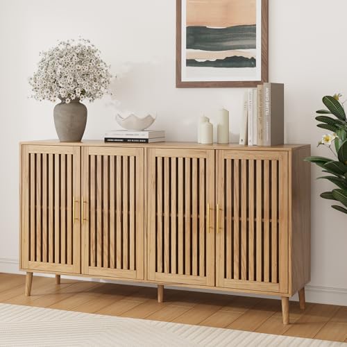 Image of Smart FENDEE 63 inch Long Sideboard Buffet with 4 Slatted Doors, Farmhouse Buffet Storage Cabinet with Adjustable Shelves, Coffee Bar Cabinet for Entryway, Kitchen, Dining Room, Living Room, Natural