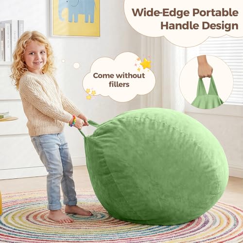 Image of Stuffed Animal Storage Bean Bag Chair Cover for Adults (No Filler), Soft Comfy Velvet Beanbag Chair Cover Machine Washable, Adults Bean Bag Chair with Handle for Living Room Bedroom,Lime Green