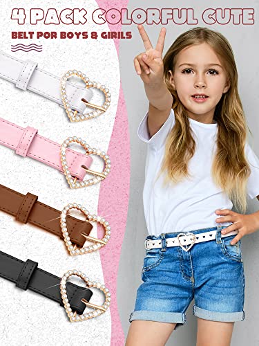 Newcotte 4 Pcs Girls Belt Kids Leather Belts Waist Belt Rhinestone Heart Metal Buckle, Brown, Pink, White, Black (22-26 Inch) #TOP3