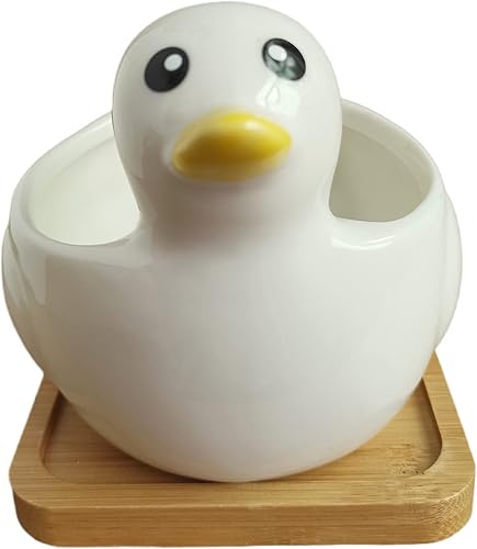 Miniatura 5 de Macetas de cerámica con forma de pato de dibujos animados con forma de pato, maceta con bandeja - Planta no incluida (blanco)