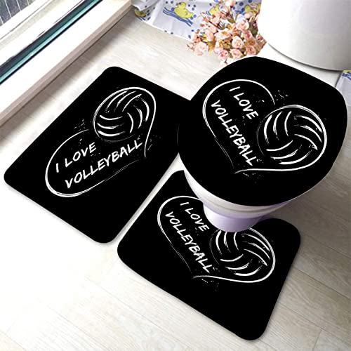 Badezimmerteppich-Set, 3-teilig, I Love Volleyball-Herz auf schwarzem Hintergrund für Sportdesign, waschbare Badteppiche, rutschfest, mit Rückenpolster, Konturteppich und Toilettendeckelbezug