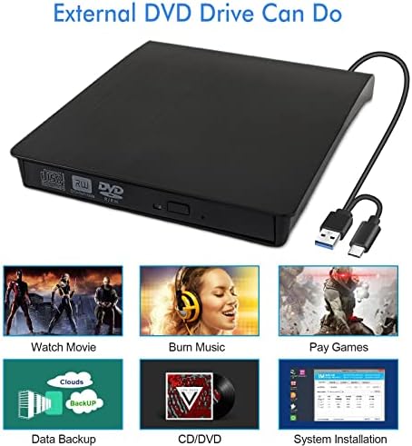 External CD DVD Drive with Protective Carrying Case, USB 3.0 and Type-C Portable CD/DVD +/-RW Drive Slim DVD/CD ROM Rewriter Burner for Laptop Desktop PC Windows and Linux OS Apple Mac Macbook Pro